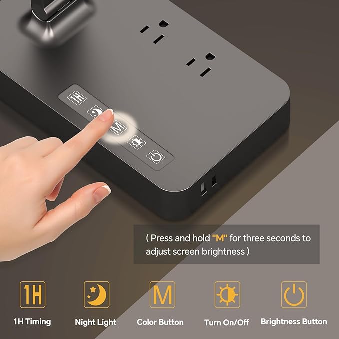 Power Strip with LED Desk Lamp, 2 Outlets 1 USB-A Ports 1 Type-C Ports, Small Desk Lamp with Surge Protection and Led Display, 5ft Extension Cord, 5 Color Modes 5 Brightness, Dorm Room Essentials