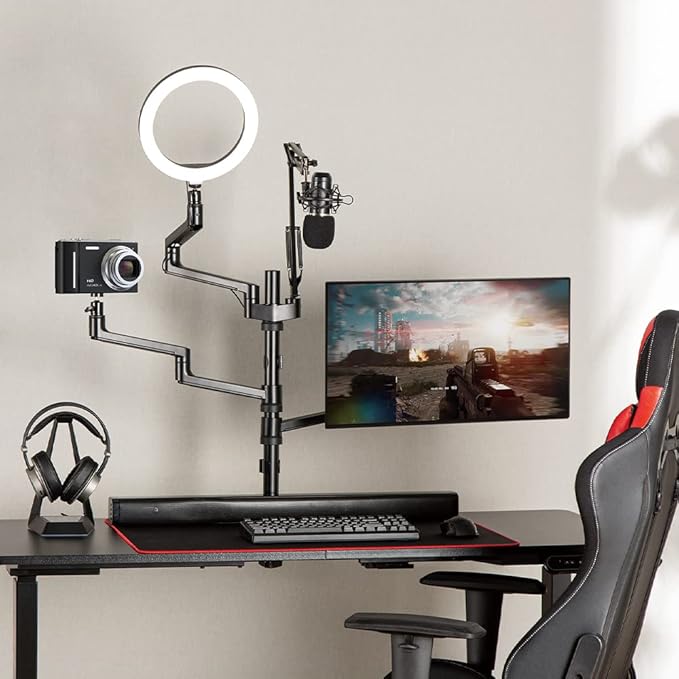 MDS11-2 Live Broadcast Boom Arm And Mobile Cart | Flexible Desk Mount Camera Arm | Clamp Webcam Stand | Microphone Boom Arm | Laptop Stand | 10" LED Ring Light | Voice Recording And Podcasting