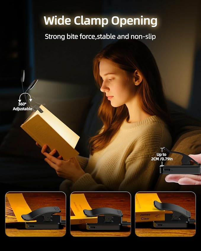 Rechargeable Book Lights for Reading at Night - Eye,3 Color Temperatures,3 Brightness Levels,Flexible Goose Neck Clip on Light,Reading Lights for Books in Bed with Power Indicator Bookworms (Black)