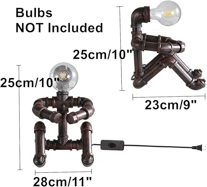 Water Pipe Table Lamp Robot Style- Retro Industrial Table Light- Antique Steampunk Metal Desk Lamp Bedside Lighting Fixture for Office, Reading Kids Room, Cafe Bar (Rust-Style C)