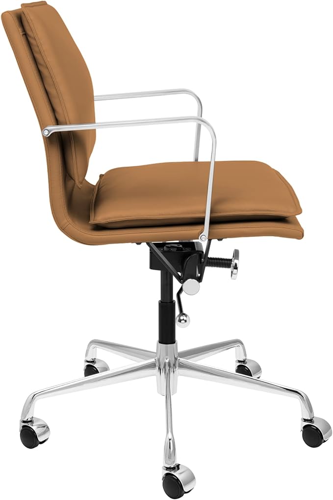 Laura Davidson Furniture Lexi II Padded Office Chair - Mid Back Desk Chair with Arm Rest, Swivel & Cushion Availability, Made of Faux Leather, Tan, Computer Chair