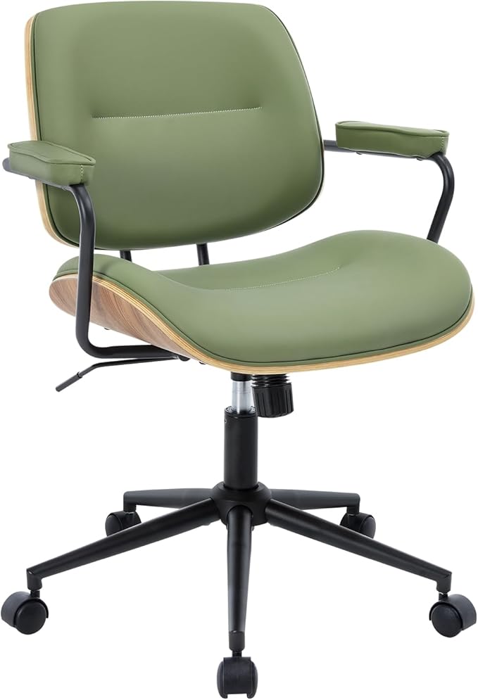 BV Mid Century Modern Office Chair Set of 1, Swivel Rolling Deak Chair with Armrests and Walnut Back, Adjustable Desk Chair for Home Office, Green