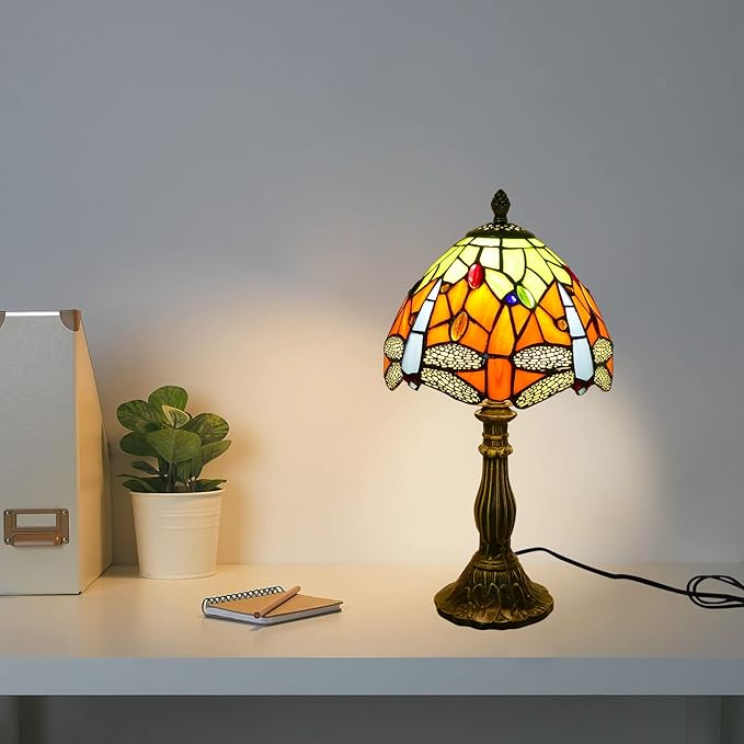 Tiffany Lamp Orange Dragonfly Stained Glass Table Lamp Desk Reading Light, 8" Wide 15" Tall Bronze Base Bedside Table Lamp Decor for Bedroom Living Room Home Office