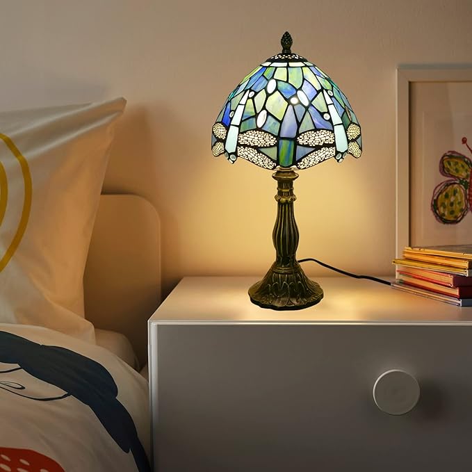 Tiffany Lamp Sea Blue Stained Glass Table Lamp 8X8X15 Inches Dragonfly Style Desk Reading Light Decor Beside Table Lamp for Bedroom Living Room Home Office