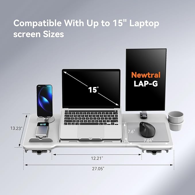 Newtral Home Office Laptop Desk for Armchairs, Adjustable Laptop Table Tray for Working, Gaming, Reading, Writing, and Eating (Gray, Enhanced)