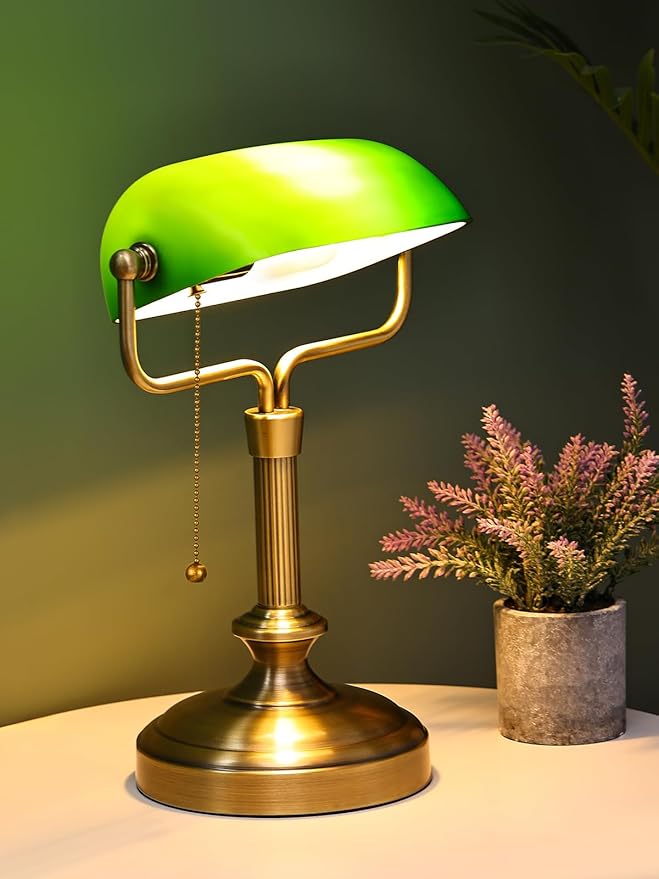 Traditional Banker's Desk Lamp with Glass Shade,Pull Chain Switch, LED Bulb Included (Antique Bronze+Green)