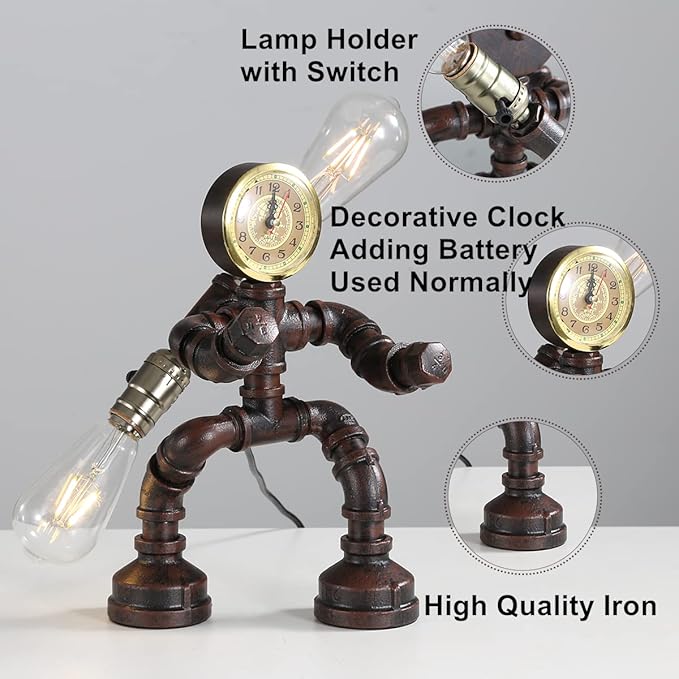 Water Pipe Table Lamp Robot Style- Retro Industrial Table Light- Antique Steampunk Metal Desk Lamp Bedside Lighting Fixture for Office, Reading Kids Room, Cafe Bar (Rust-Style F)
