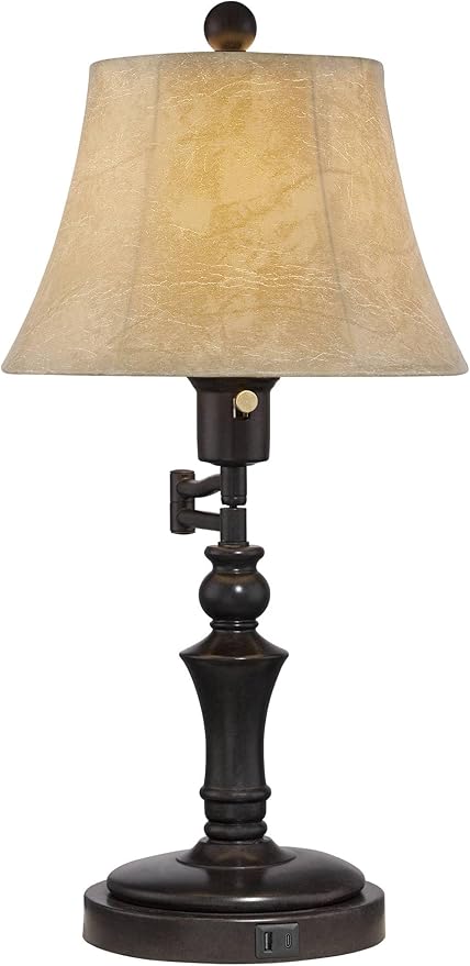 Regency Hill Corey Traditional Natural Cottage Swing Arm Desk Table Lamp with Hotel Style USB Charging Port 21.75" High Bronze Metal Faux Leather Bell Shade Living Room Bedroom House Bedside