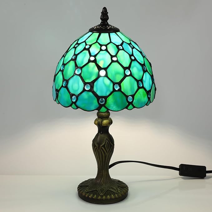 Tiffany Style Small Table Lamp,Green Beads Stained Glass 3 Color Temperature Antique Table Lamps,Bedside Nightstand Lamp for Bedroom,Living Room,Home Office, Include LED Bulb,8X8X15Inch