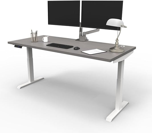 Lift It, 66"x30" Electric Sit Stand/Height Adjustable Desk for Office or Home, Dual Motor and 4 Memory/USB Charging LED Control, Grey Strand Top and White Frame