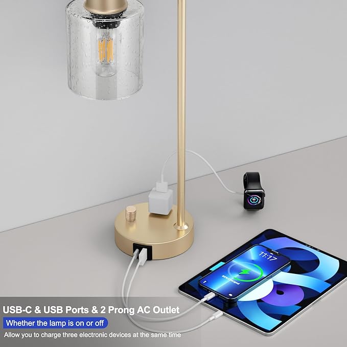 Innqoo Champagne Gold Industrial Bedside Table Lamp for Bedroom - Nightstand Lamps with USB C Charging Port, Fully Dimmable Black Ports and Outlets, Small Desk Glass Shade Office Living Room