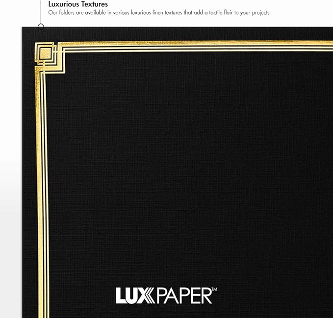 LUXPaper 9.5" x 12" Certificate Holders | Black Linen | Embossed Gold Foil Border | 100lb. Cover | 50 Qty