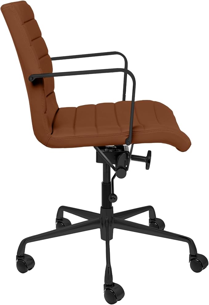 Laura Davidson Furniture SOHO II Ribbed Office Chair - Mid Back Desk Chair, Ergonomically Designed with Arm Rest & Swivel, Made of Faux Leather, Brown with Black Frame, Computer Chair