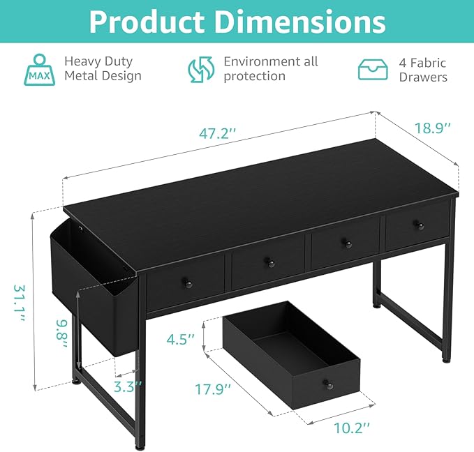 Lufeiya Black Computer Desk with Fabric Drawers for Home Office Bedroom, 47 Inch Vanity Desk with Drawer Storage and Side Pouch, Study Writing Table, Black