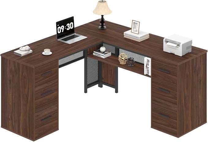 HSH Large L Shaped Executive Desk with Drawers, Home Office Metal Wood Computer Desk for Work Writing Study Gaming, Rustic L-Shaped Walnut Desk Table with File Drawer, Storage Cabinet Shelves, 59 in
