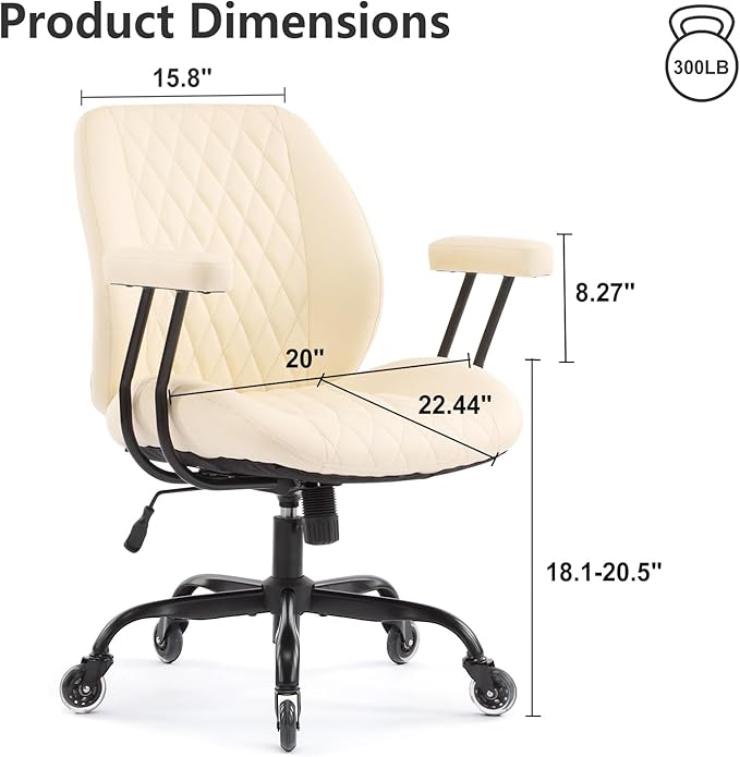 YFO Home Office Desk Chair Office Rubber Casters Ergonomic Computer Chair with Lumbar Support Adjustable Height Rolling Swivel Executive Task Armrests Chair, Cream Leather