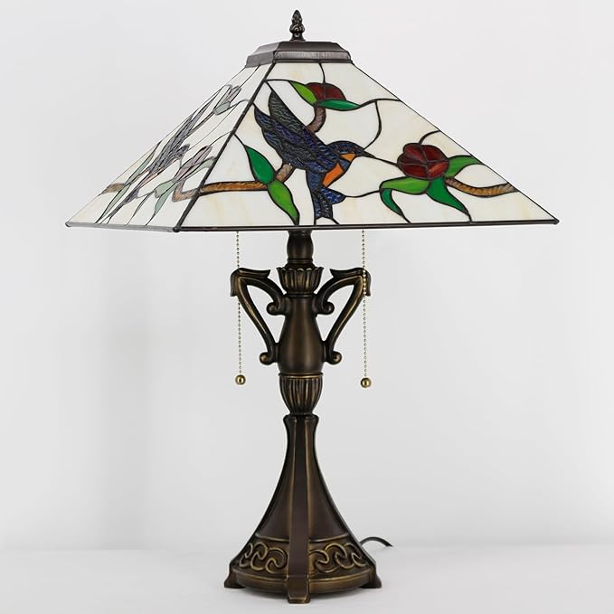 Tiffany Table Lamp Stained Glass Amber Hummingbird Square Geometric Mission Style Desk Reading Light 16X16X24 Inch for Bedroom Living Room Home Office