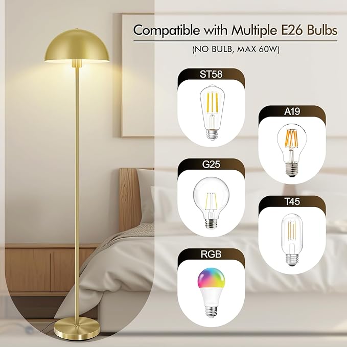 Gold Floor Lamp, 65.6in Floor Lamps for Living Room with Mushroom Dome Shade, Industrial Metal Standing Lamp, Mid Century Modern Floor Lamp for Bedroom/Office, E26 Socket, No Bulb