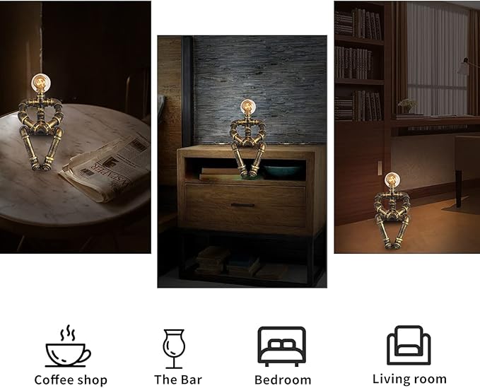 Water Pipe Table Lamp Robot Style- Retro Industrial Table Light- Antique Steampunk Metal Desk Lamp Bedside Lighting Fixture for Office, Reading Kids Room, Cafe Bar (Bronze-Style B)