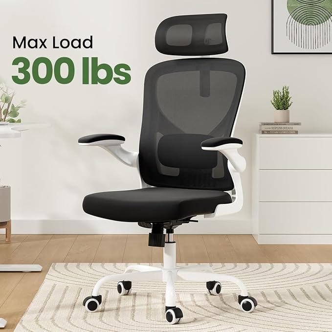 Soohow Ergonomic Office Chair, Office Mesh Desk Chair with Adjustable Lumbar Support Armrests, Comfy Computer Desk Chair with Headrest, for Home and Office, White & Black