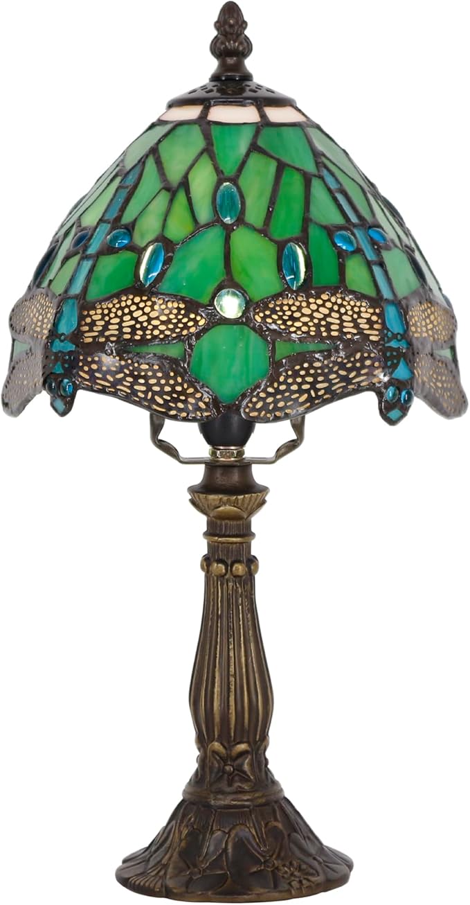 Tiffany Lamp Touch Control Table Lamp Green Stained Glass Desk Lamp 8X8X14.5 Inches Dragonfly Style Reading Light
