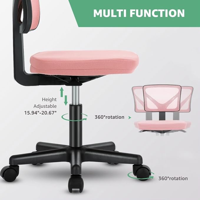 Armless Mesh Office Chair, Ergonomic Low Back Deskchair, Adjustable Rolling Task Computer Swivelchairs for Small Spaces Home Bedroom Study, Pink