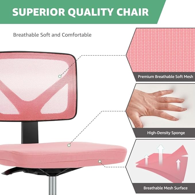 Armless Mesh Office Chair, Ergonomic Low Back Deskchair, Adjustable Rolling Task Computer Swivelchairs for Small Spaces Home Bedroom Study, Pink