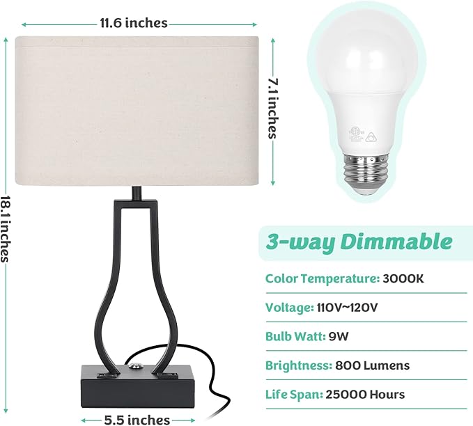 Touch Control Table Lamps Set of 2, 3-Way Dimmable Bedside Nightstand Lamps with Dual USB Ports and 2-Prong AC Outlet for Bedroom Living Room Dorm Office, Bulbs Included