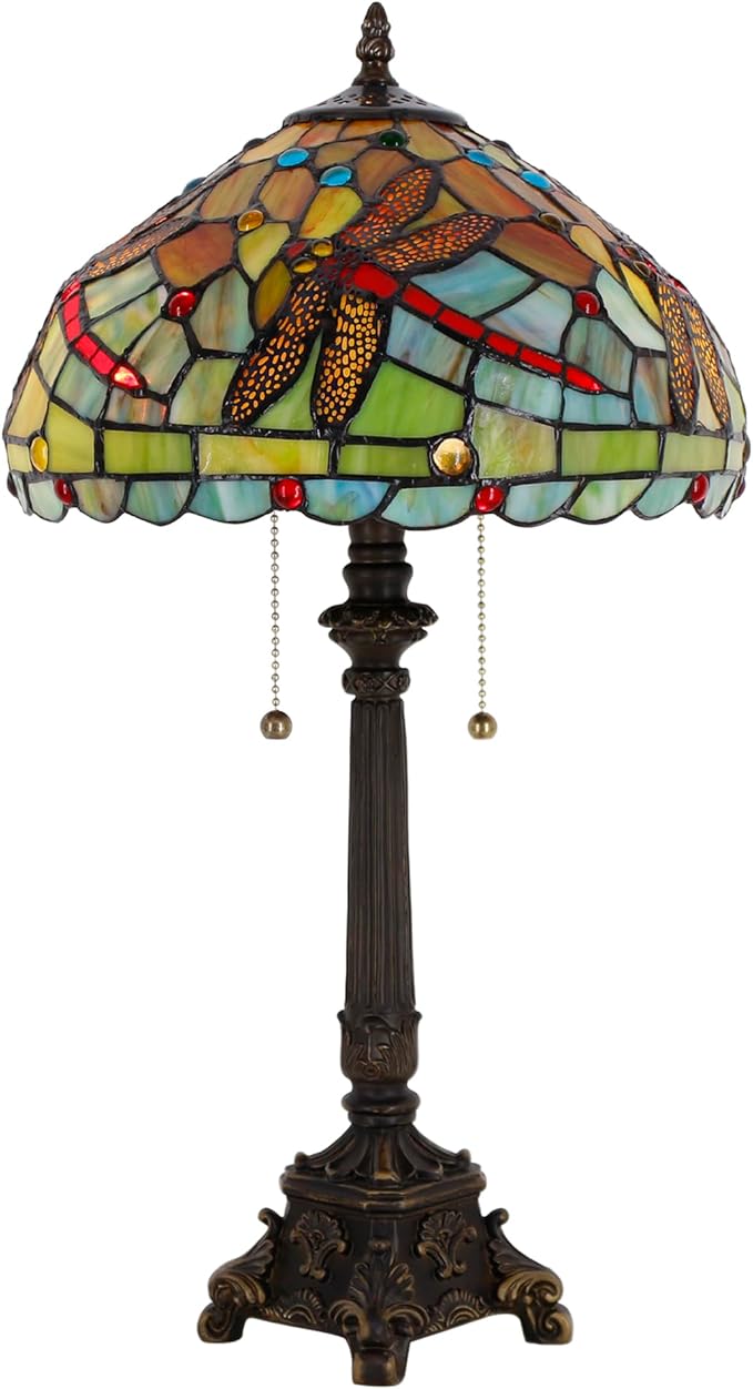 Tiffany Table Lamp Green Red Stained Glass Desk Lamp 12X12X21 Inches Dragonfly Style Reading Light