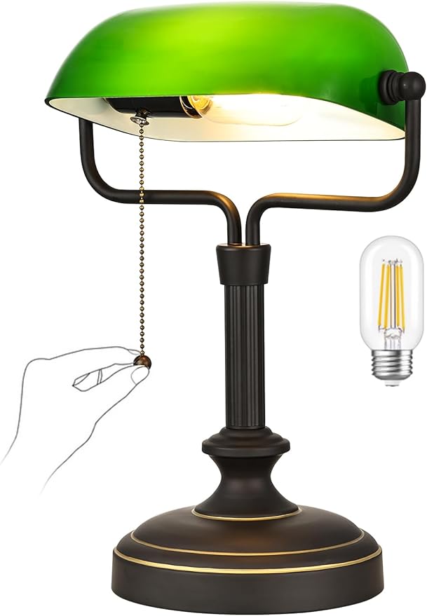 Traditional Banker's Desk Lamp with Glass Shade,Pull Chain Switch, LED Bulb Included (Antique Black+Green)