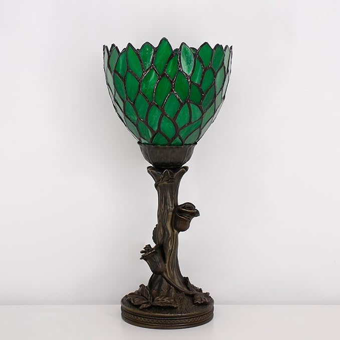 Small Tiffany Lamp Mini Stained Glass Table Lamp Green Wisteria Accent Desk Uplight W6 H13.5 Inch Bronze Resin Base