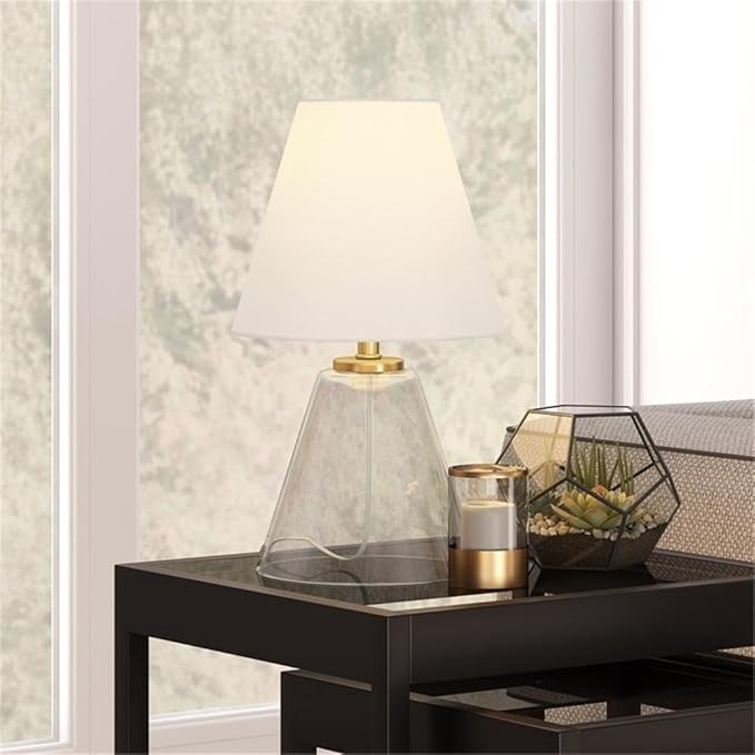 Henn&Hart 13.62" Tall Mini Lamp with Fabric Shade in Clear Glass/White, for Home, Living Room, Bedroom, Entertainment Room, Office, Kitchen, Dining