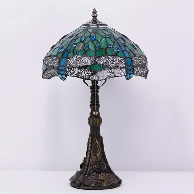 Tiffany Stained Glass Table lamp 12X12X19 Inch Green Dragonfly Style Desk Bedroom Living Room Reading Light (Green Dragonfly)