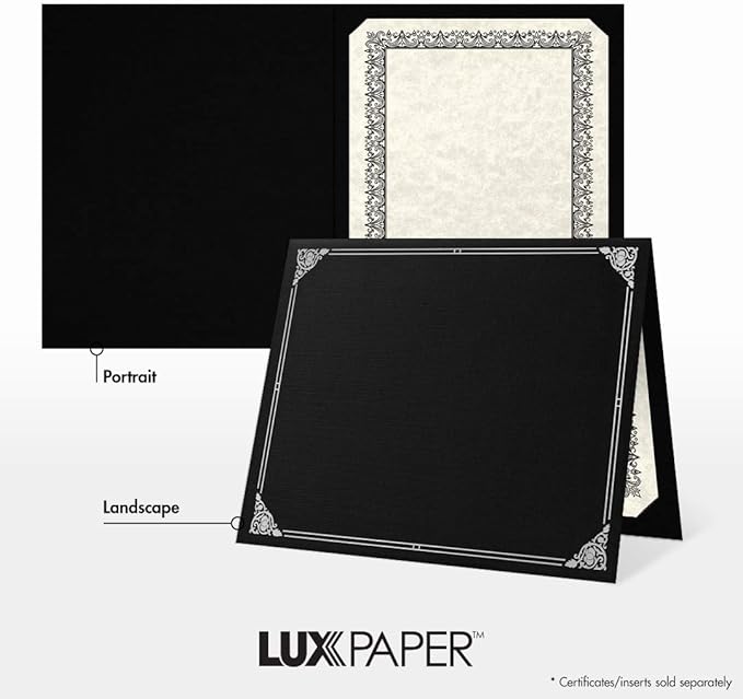LUXPaper 9.5" x 12" Certificate Holders | Black Linen | Embossed Silver Foil Floral Border | 100lb. Cover | 250 Qty