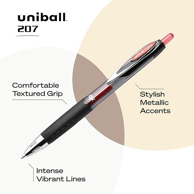 uni-ball® 207™ Retractable Fraud Prevention Gel Pens, Medium Point, 0.7 mm, Black Barrels, Red Ink, Pack Of 12
