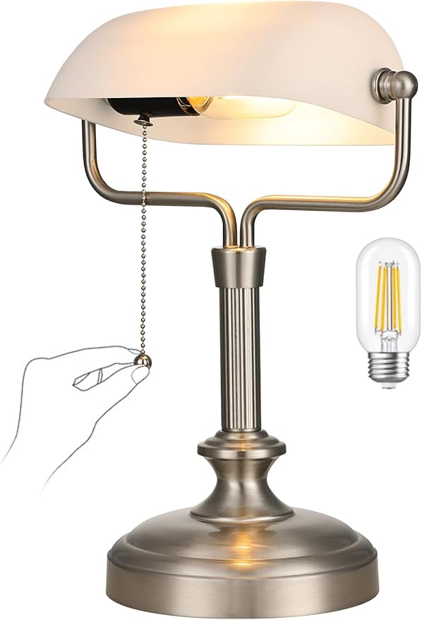 Traditional Banker's Desk Lamp with Glass Shade,Pull Chain Switch, LED Bulb Included (Satin Nickle+White)