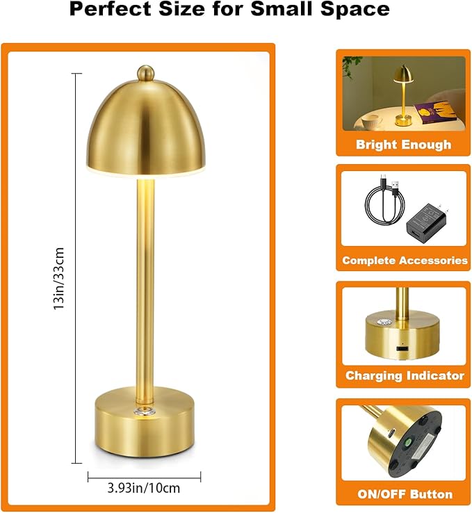 UMEXUS Small Cordless Lamp Mushroom, 5200mAh Rechargeable Battery Operated Lights for Restaurant Bar Table, Dimmable Touch Nightstand Lamp, Portable Table Lighting for Outdoor Patio, Modern Gold Brass