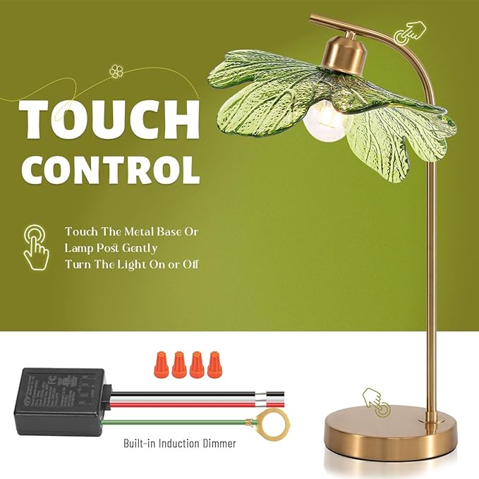 touch Table Lamp set of 2, Mid Century Modern Table lamp Gold Desk lamp tall table lamp nightstand lamp with Green Glass Flower Shade Bedside Table Lamp for end table Bedroom Living Room Office
