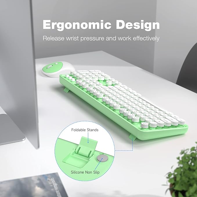 Wireless Keyboard and Mouse Combo - GEEZER Green-White Full-Sized Colorful Keyboard 104 Keys - USB 2.4 G Receiver Plug and Play with Round Keycap Typewriter Keyboards, for Windows, PC, Laptop, Desktop