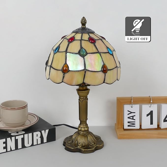 Tiffany Table Lamp - Beige with Colorful Beads, 14" Tall, 8" Wide Reading Lamp with Color Changing LED Bulb