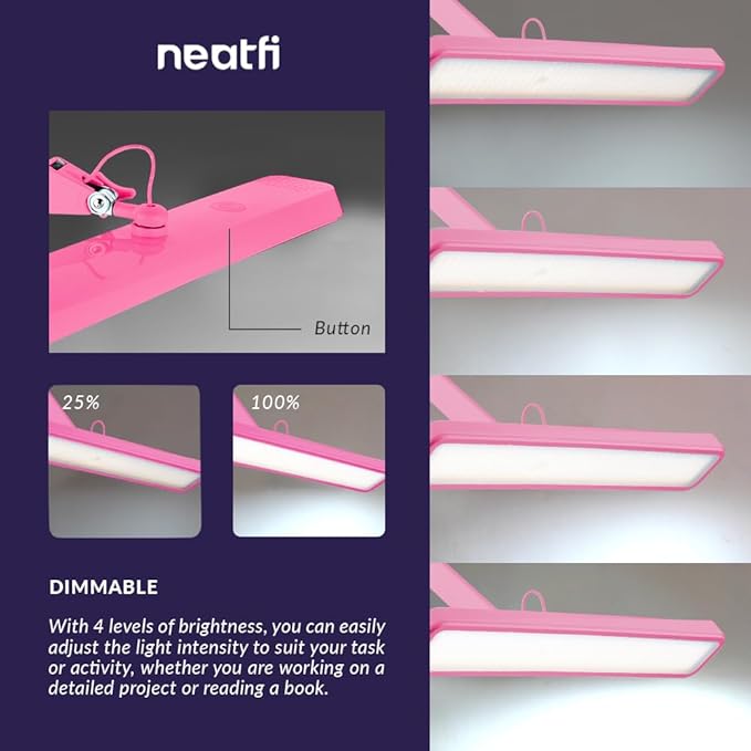 Neatfi XL 2,500 Lumens LED Task Lamp, 22 Inches Wide, 30W, 162 Pcs SMD LED, Eye-Caring, Desk Light with Clamp for Home, Office, and Study Room (Non-CCT, Pink)