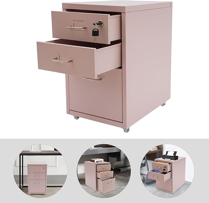 3 Drawer File Cabinet, Mobile Vertical Filing Cabinets with Lock and Wheels Organizer Cabinet for Home Office Files Storage (Pink)