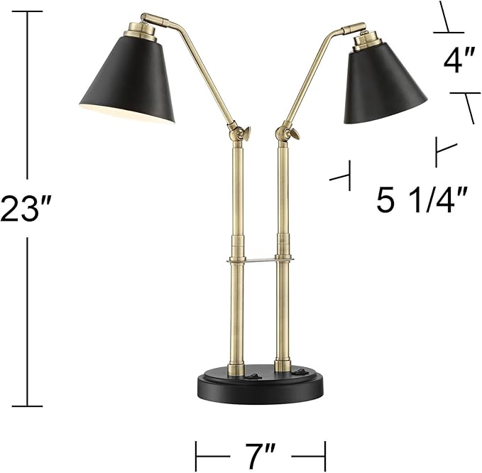 Possini Euro Design Sentry Mid Century Modern Desk Lamp 23" High with USB Charging Port Black Brass Gold Metal LED Adjustable Cone Shade for Living Room Bedroom House Bedside Nightstand Office