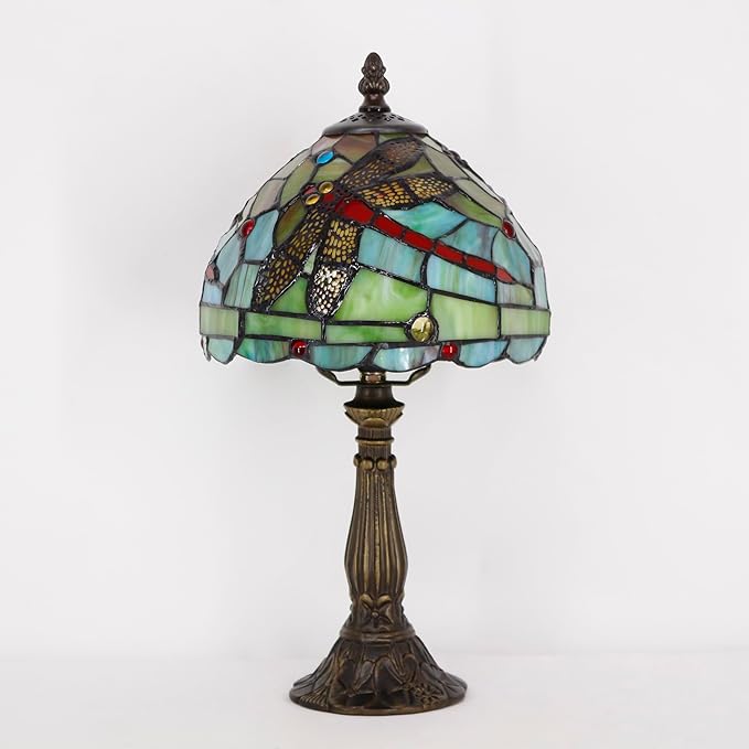 Tiffany Lamp Touch Control Table Lamp Green Red Stained Glass Desk Lamp 8X8X14.5 Inches Dragonfly Style Reading Light
