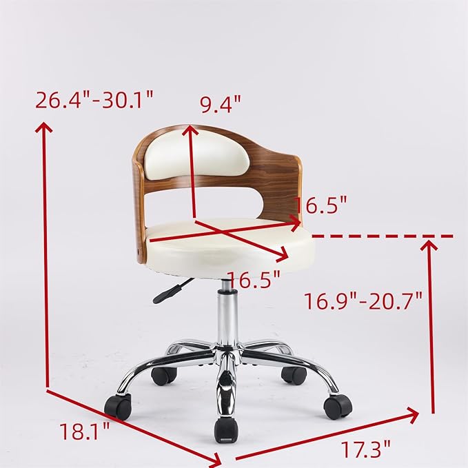 VINGLI Armless Home Office Desk Chair, Adjustable Swivel Chair,Dual-Use with/no Wheels,Small Retro Designed Walnut Curved Task Chair,Cushioned Nail Tech Chair for Study Area,Workspace,PU,Ivory White