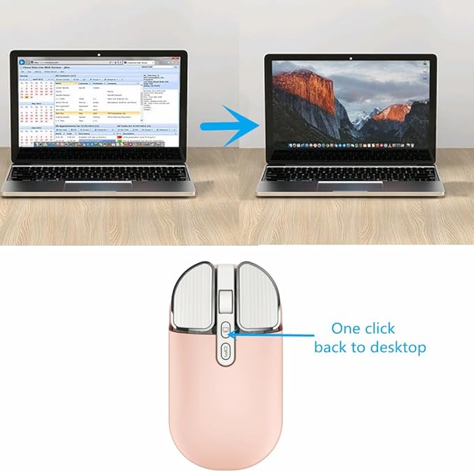 YOCUNKER Wireless Mouse, 2.4G Rechargeable Silent Slim Computer Mouse with USB Receiver 3 DPI, Back to Desktop Button Cordless Mice for PC Laptop Computer Desktop Windows Mac OS Office (Pink)