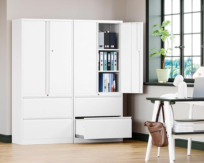 Letaya Metal Storage Cabinets for Home Office,File Cabinet-2 Drawers with Lock and Adjustable Shelves-Hang Legal/Letter/A4/F4 Size Filing-White