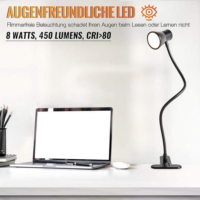 Clip Desk Lamp, USB Reading Light, Flexible Neck Led Clamp Light with 3 Color Temperature Options, 10 Dimmable Brightness Levels for Working, Studying (8W)