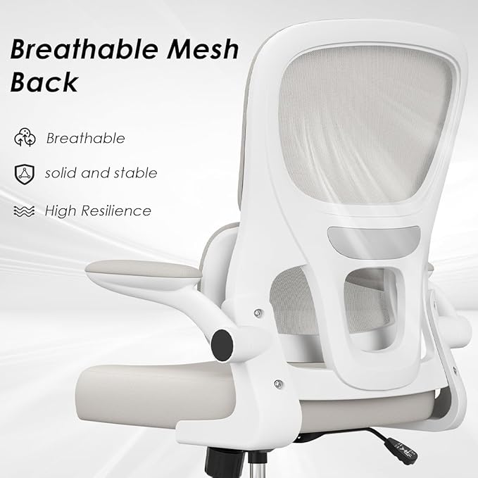 Soohow Office Chair, Mesh Ergonomic Office Chair with Lumbar Support, Comfy Computer Desk Chair with Flip Armrest Rolling Wheels for Home Study Room Office, White & Khaki