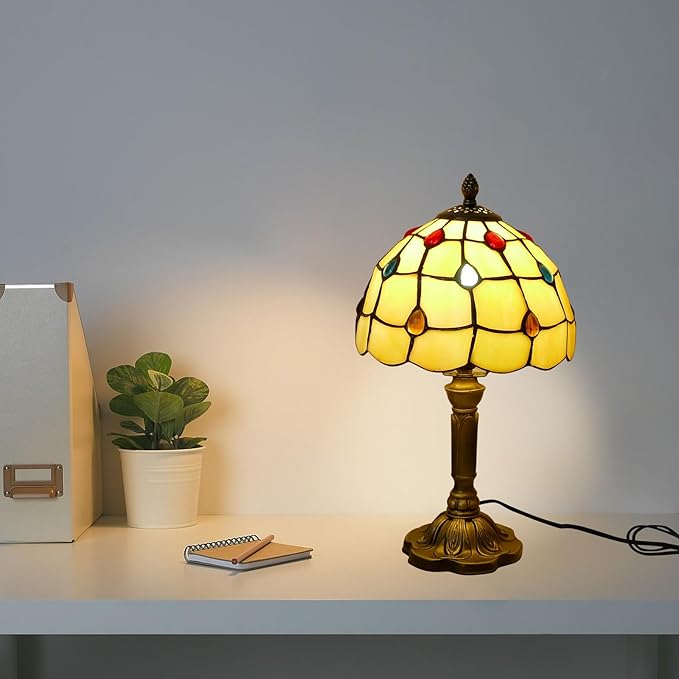 Tiffany Table Lamp - Beige with Colorful Beads, 14" Tall, 8" Wide Reading Lamp with Color Changing LED Bulb